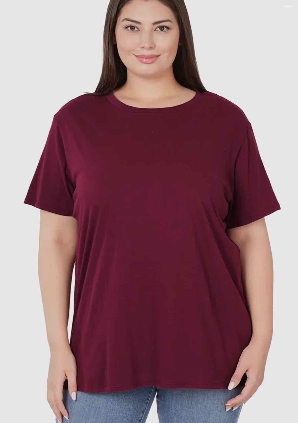 Plus Size Dark Burgundy 42pops Cotton Short Sleeve Boyfriend Top - OodlesCB