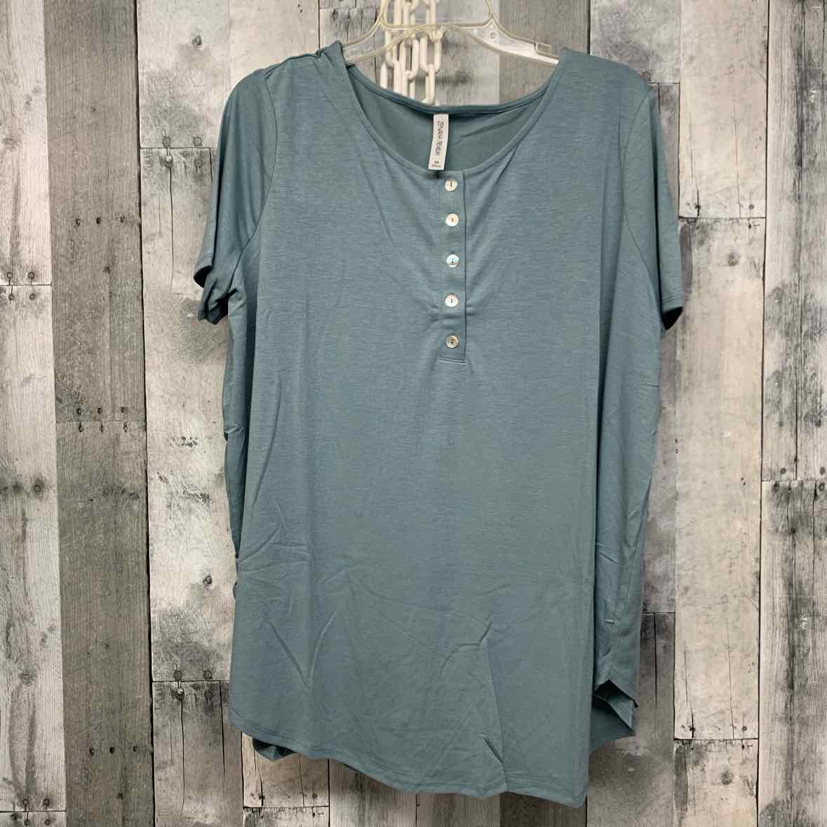Plus Size Blue 42pops Short Sleeve Henley Top - OodlesCB
