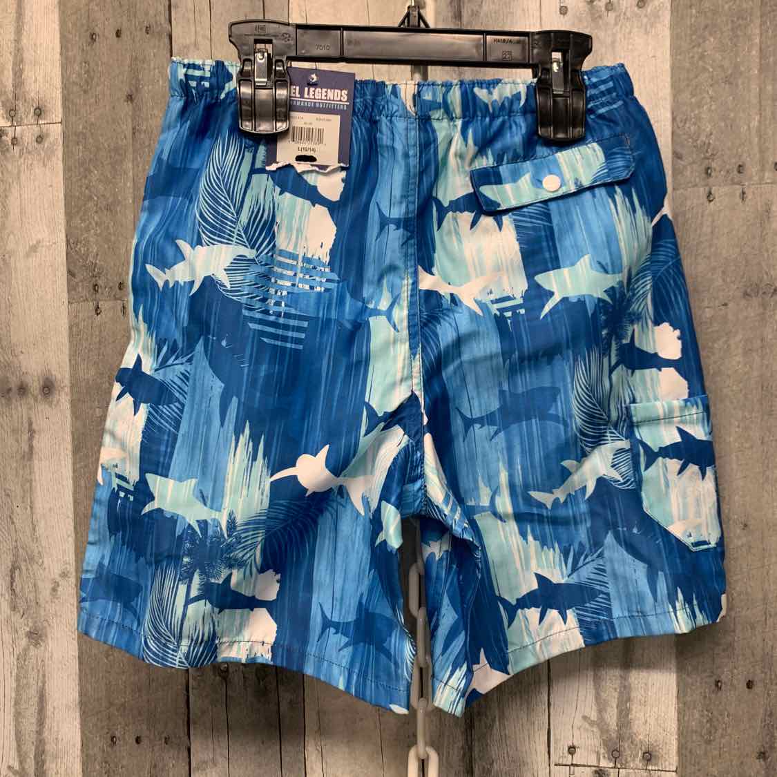 Size Large Blue Print Reel Legends Swim Trunks - OodlesCB