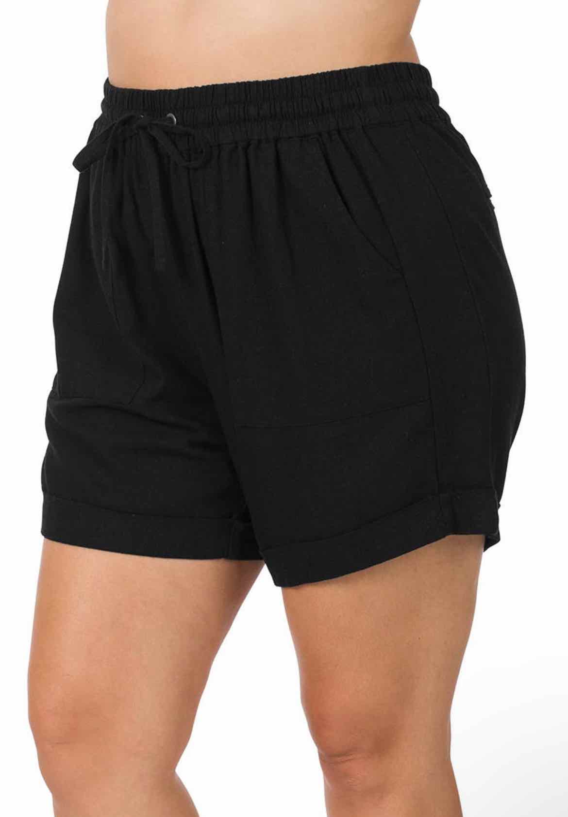 Plus Size Black 42pops Linen Shorts - OodlesCB