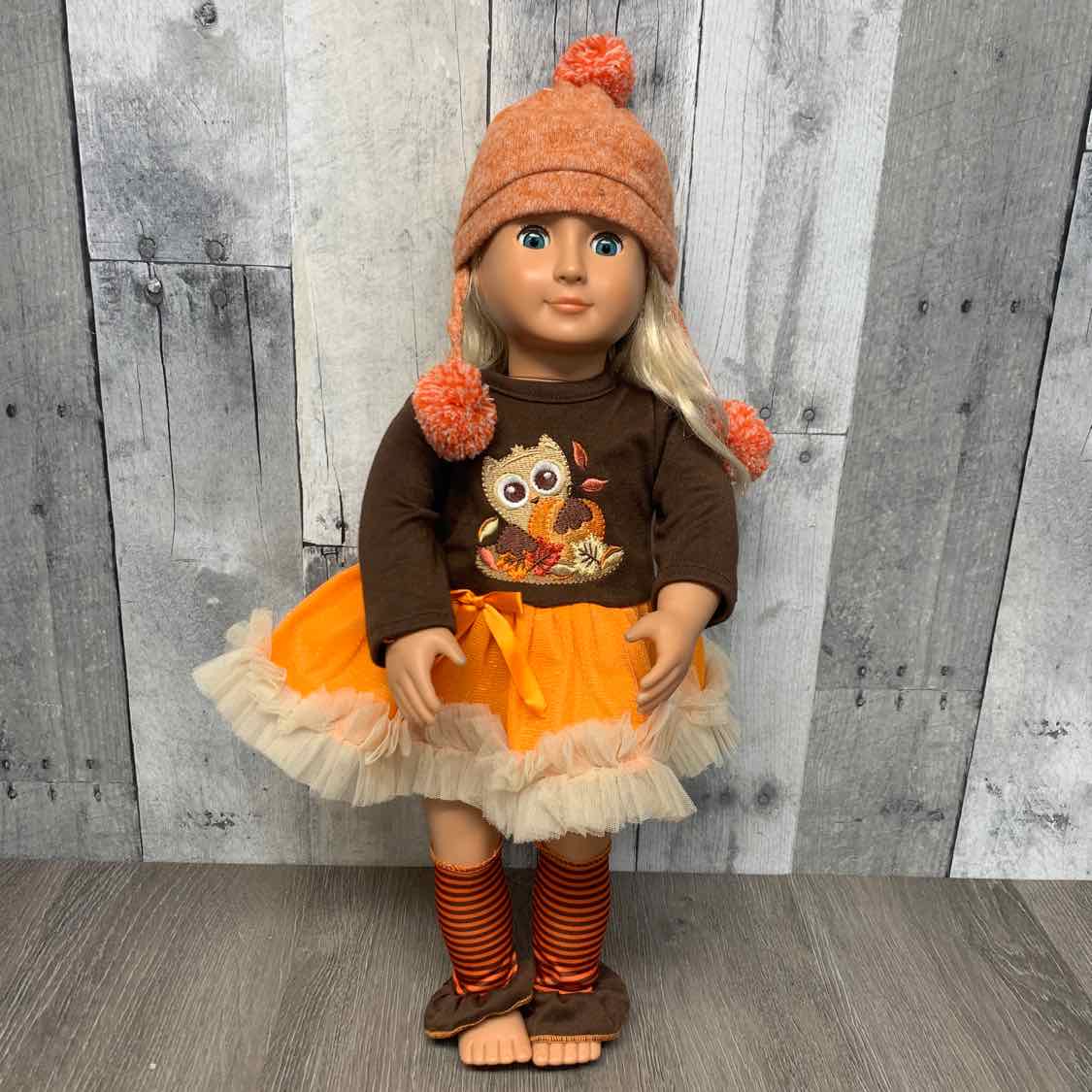 3pc 18" Owl Fall Dress w/Hat & Leg Warmers - OodlesCB