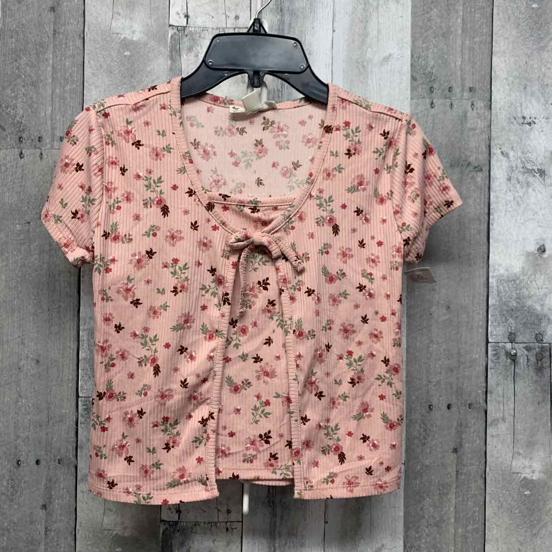 Size 14 Pink Floral Print Knit Works Short Sleeve Shirt - OodlesCB