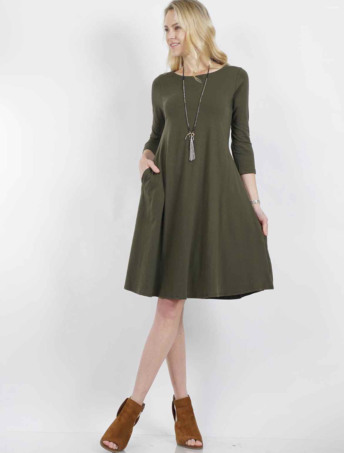 Dark Olive 42pops 3/4 Sleeve 2 Pocket Dress - OodlesCB