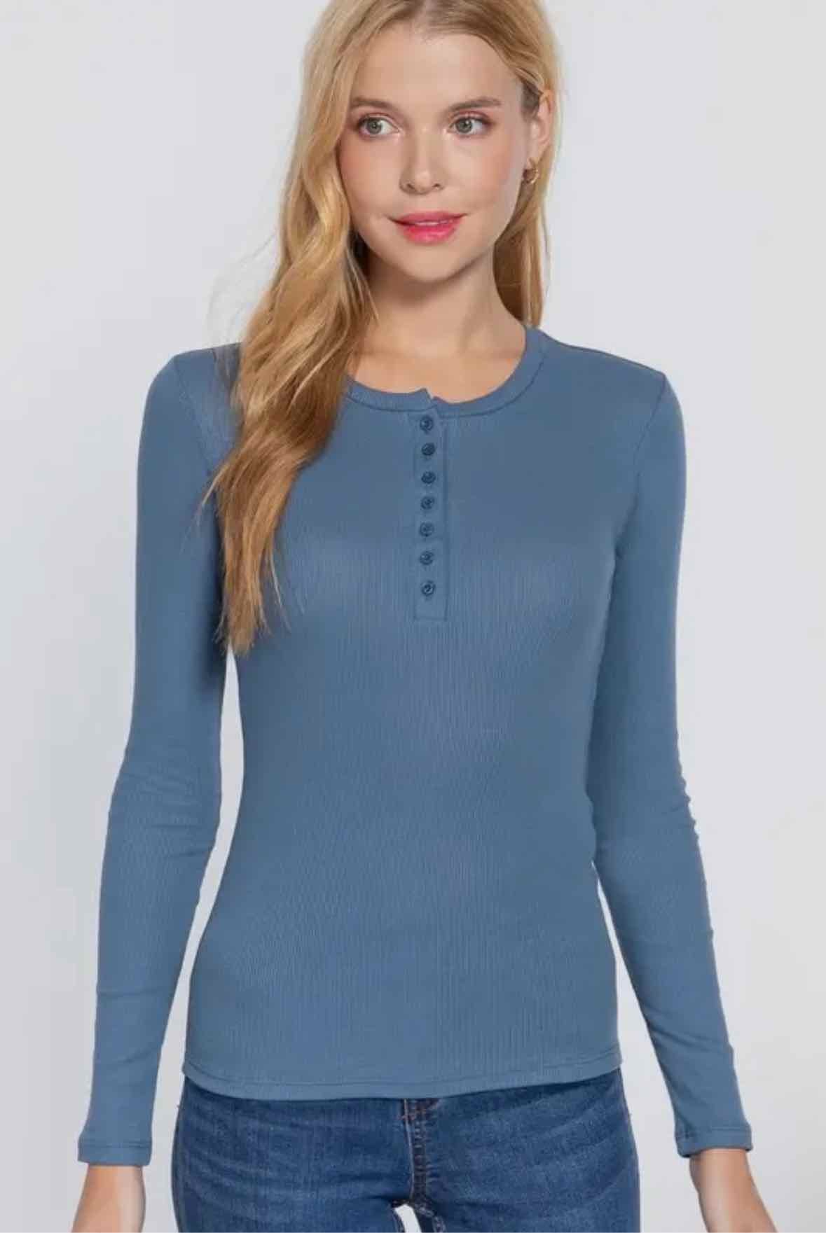 Long Sleeve Crew Neck Rib Top W/ Buttons