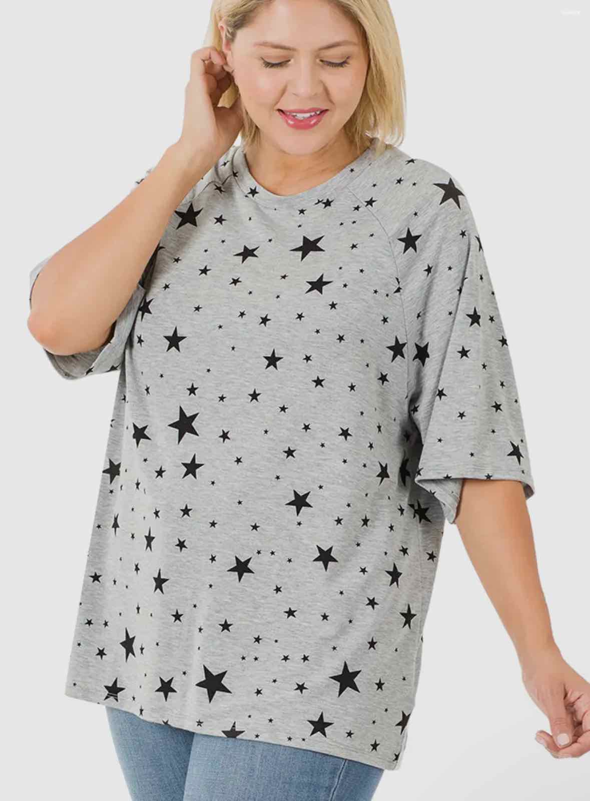 Plus Size Heather Gray 42pops Star Print Raglan Short Sleeve Top - OodlesCB