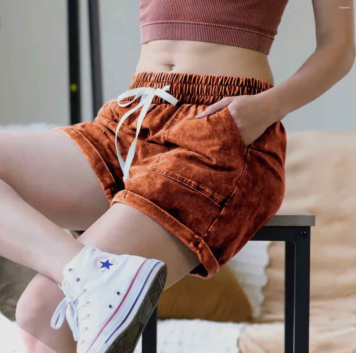 Rust Brown 42pops Vintage Wash Drawstring Shorts - OodlesCB