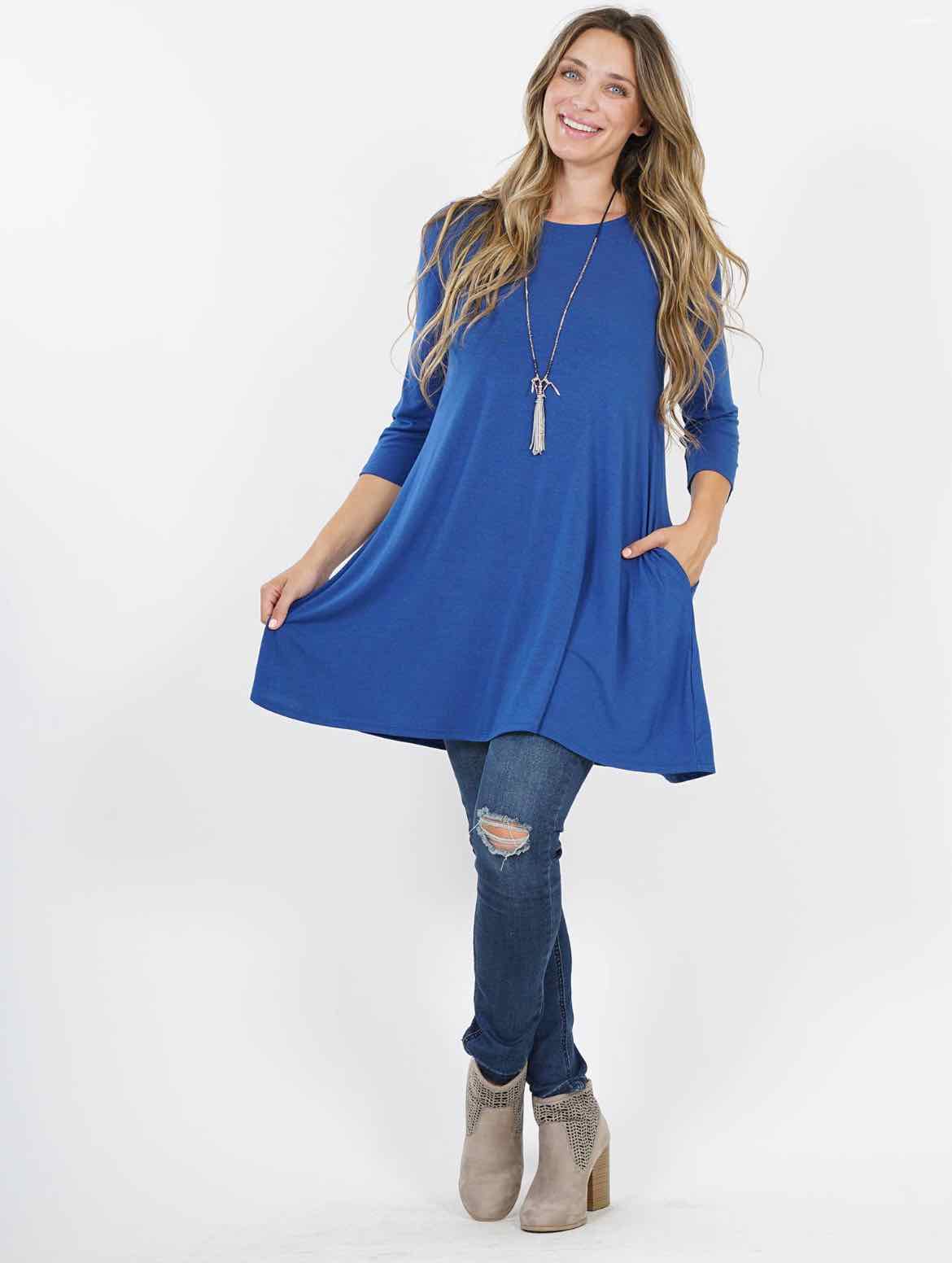 Plus Size Sapphire 42pops Round Neck 3/4 Sleeve Tunic - OodlesCB
