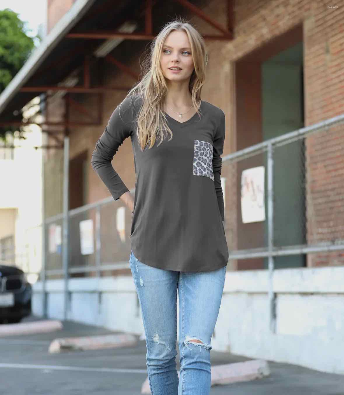 Gray 42pops V-Neck Leopard Pocket Long Sleeve Top - OodlesCB