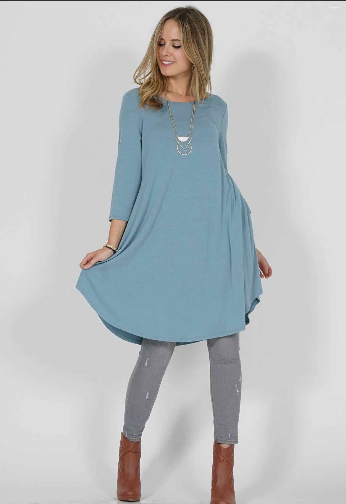 Plus Size Blue Gray 42pops 3/4 Sleeve 2 Pocket Dress - OodlesCB