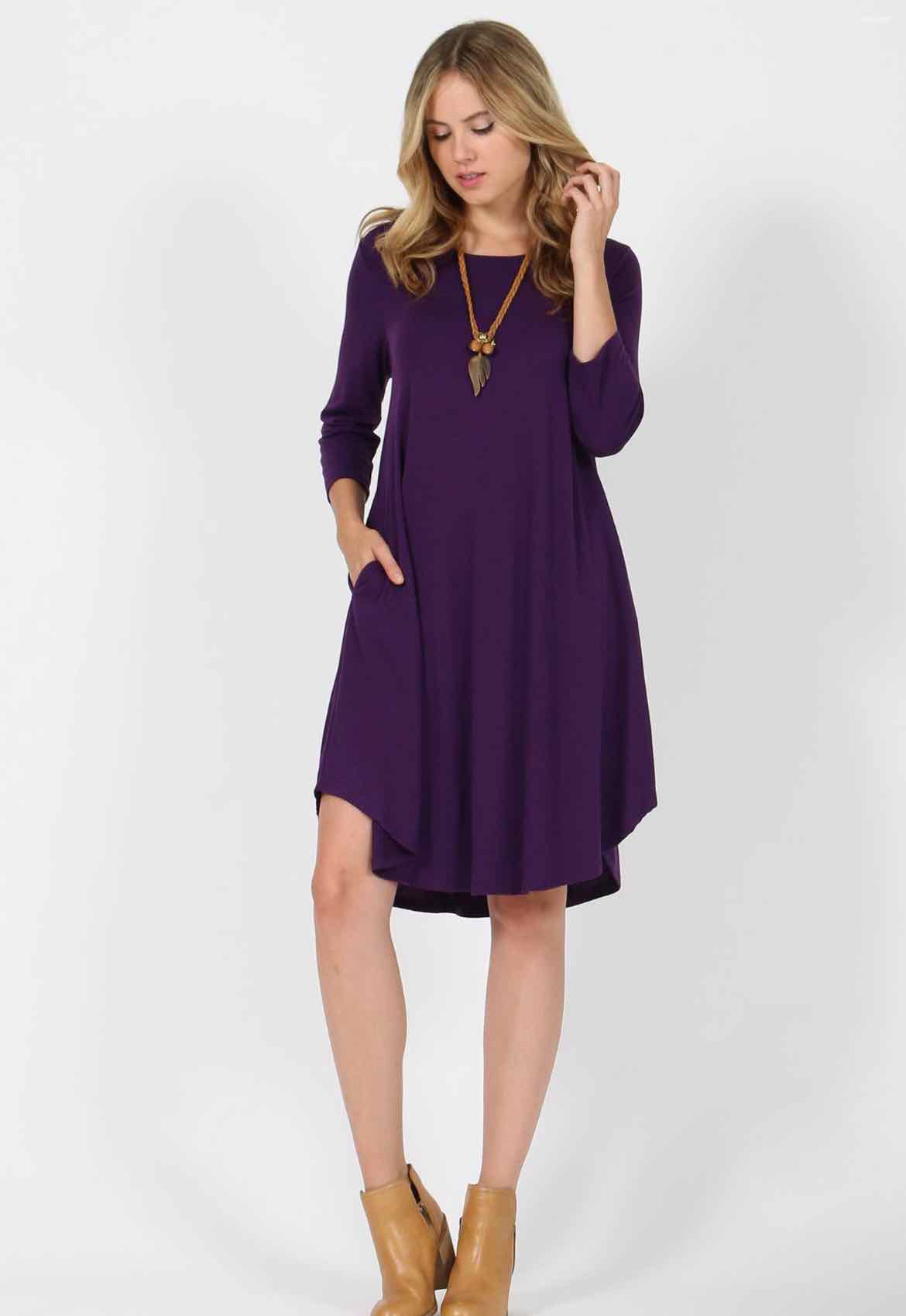 Plus Size Dark Purple 42pops 3/4 Sleeve 2 Pocket Dress - OodlesCB