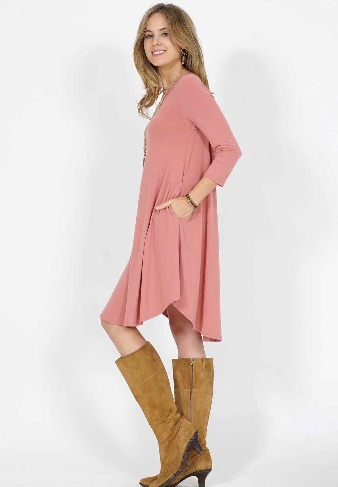 Plus Size Ash Rose 42pops 3/4 Sleeve 2 Pocket Dress - OodlesCB