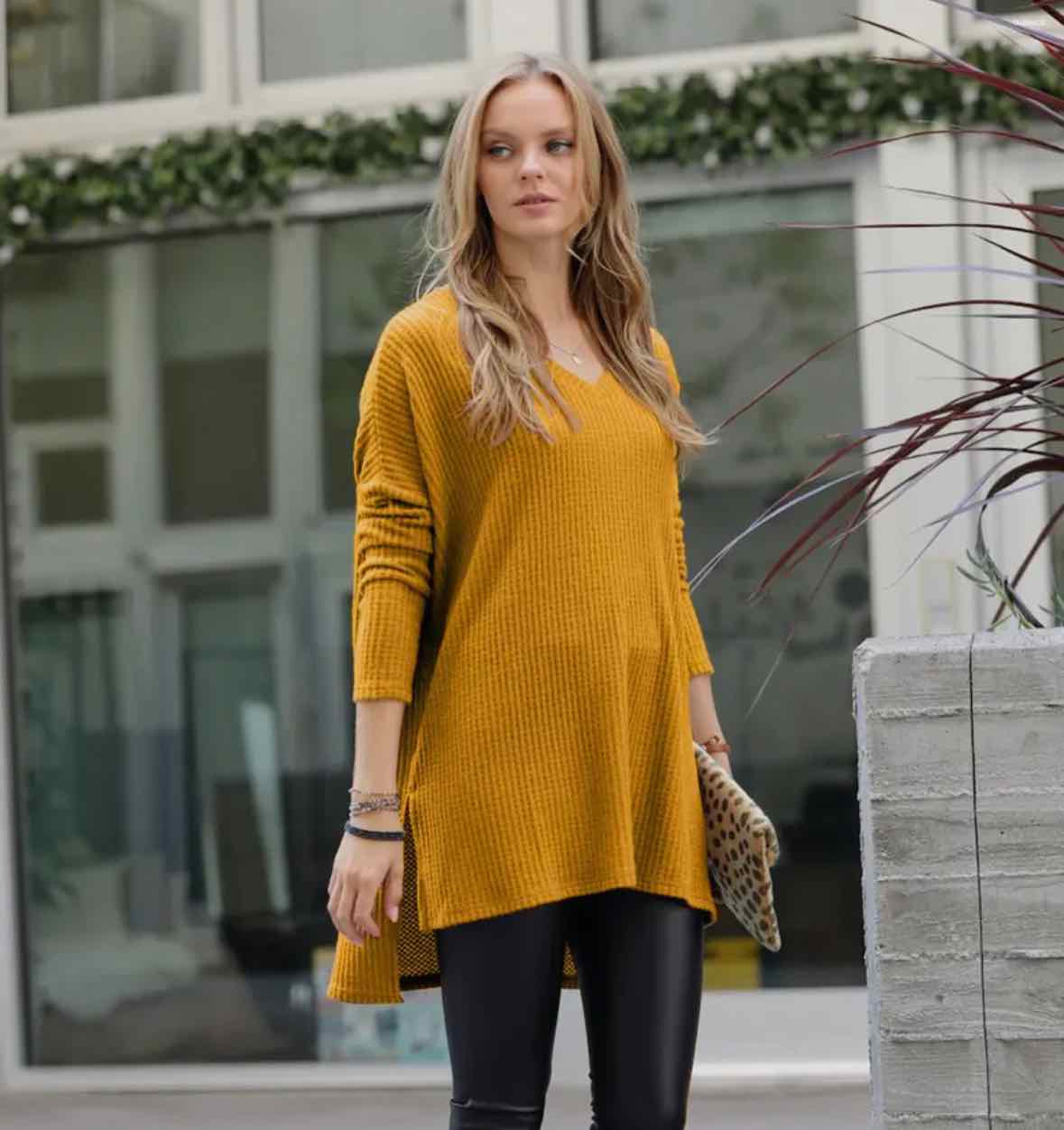 Golden Mustard 42pops Waffle V-Neck Hi-Low Sweater - OodlesCB