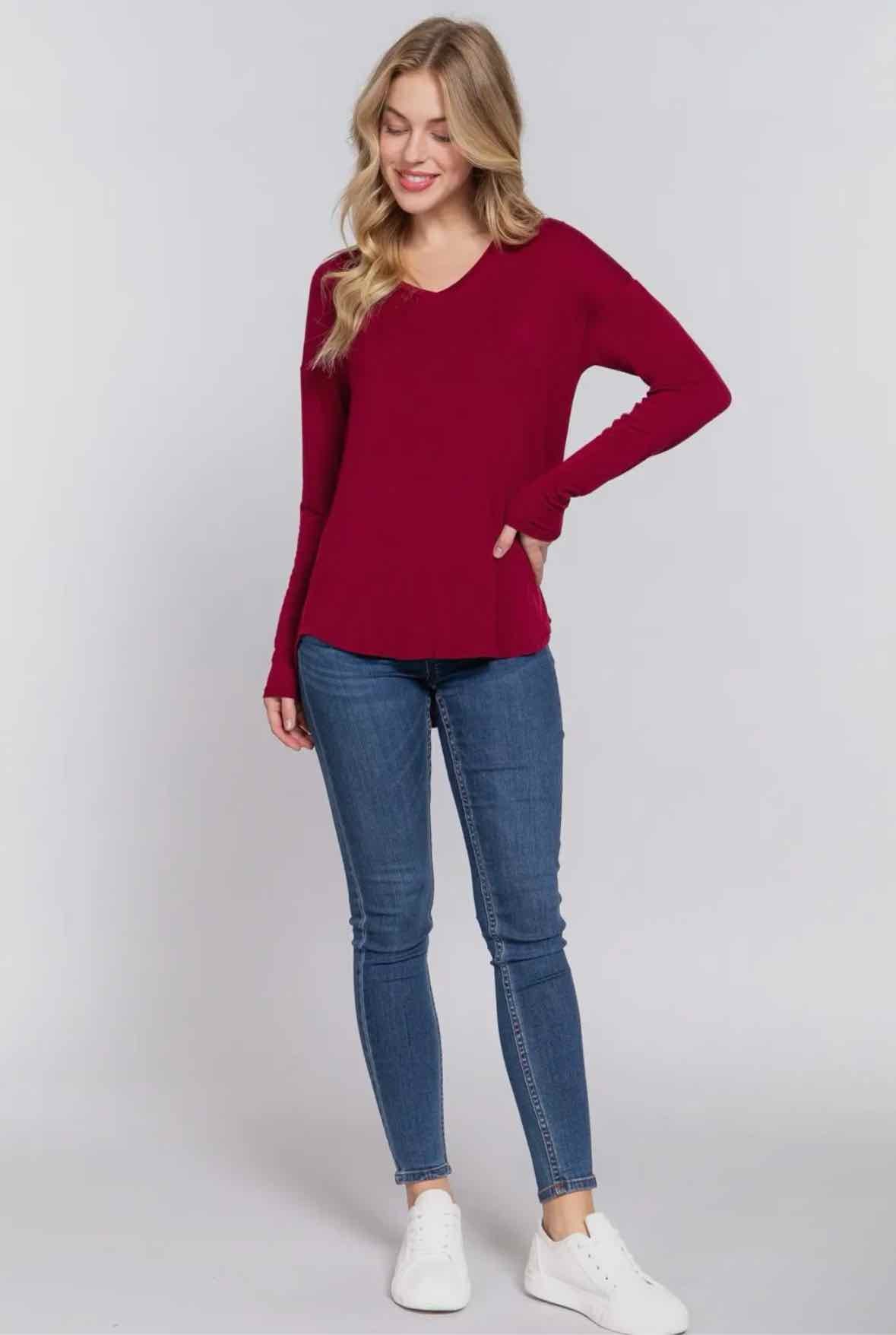 Long Sleeve Dolman V Neck Jersey Top