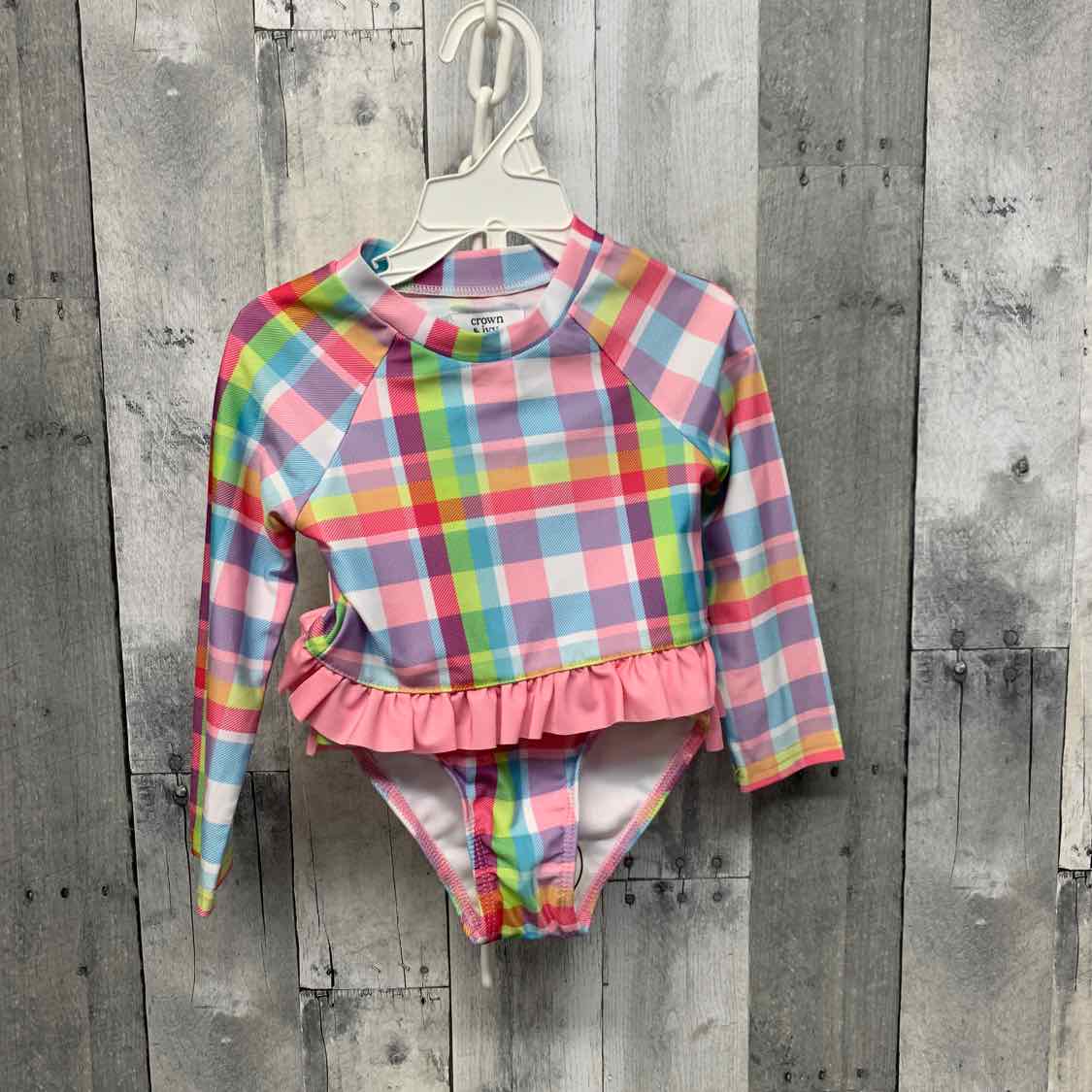 Size 2T Pink Plaid Crown & Ivy Swim Suit - 2pc+