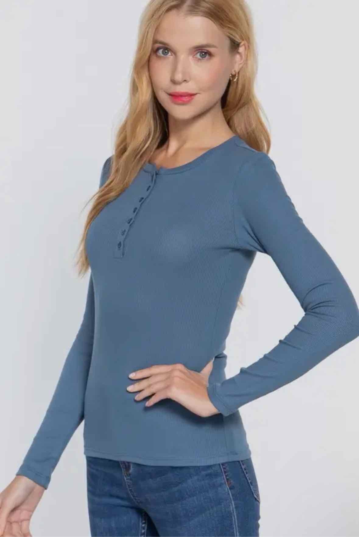 Long Sleeve Crew Neck Rib Top W/ Buttons