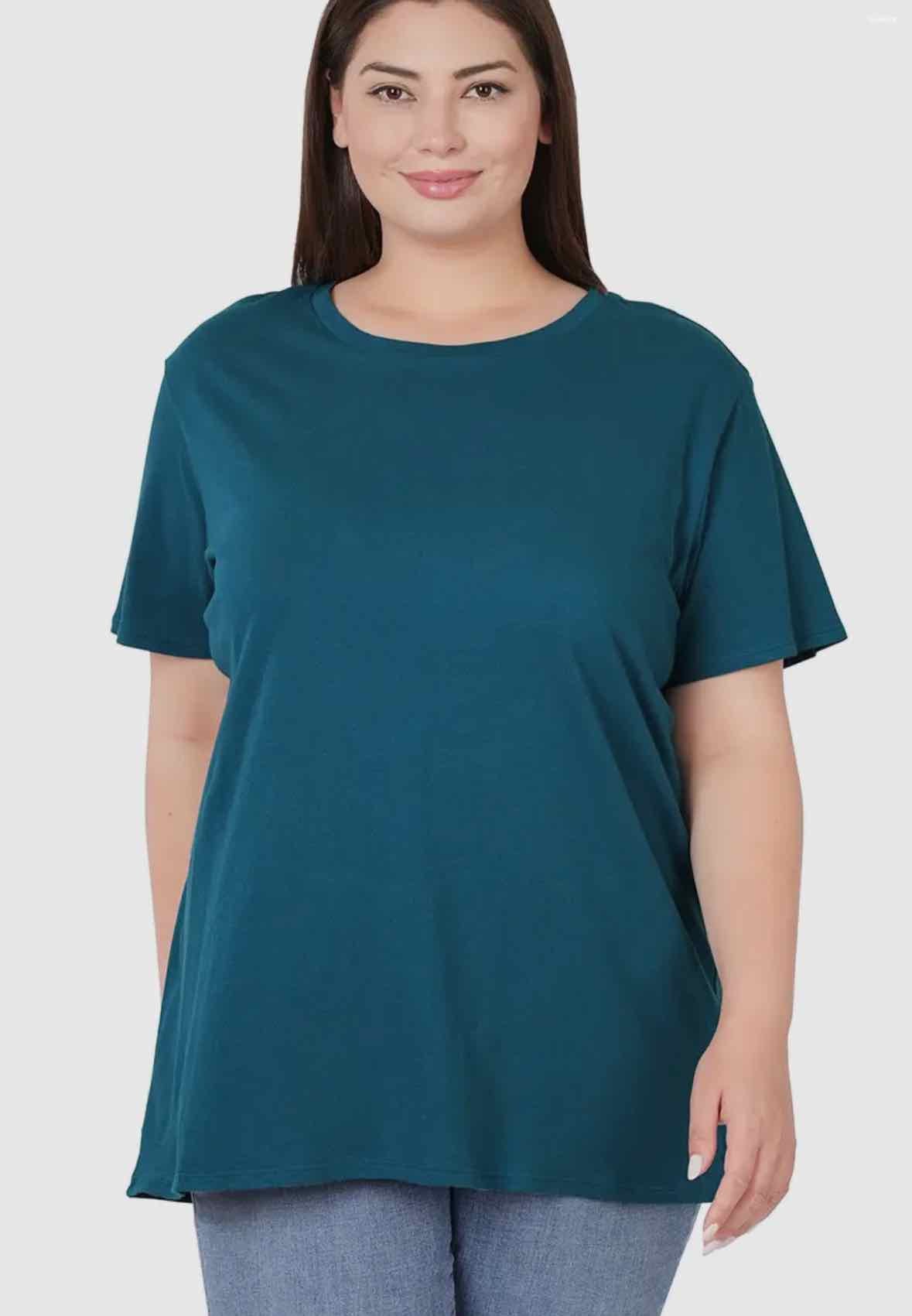 Plus Size Teal 42pops Cotton Short Sleeve Boyfriend Top - OodlesCB