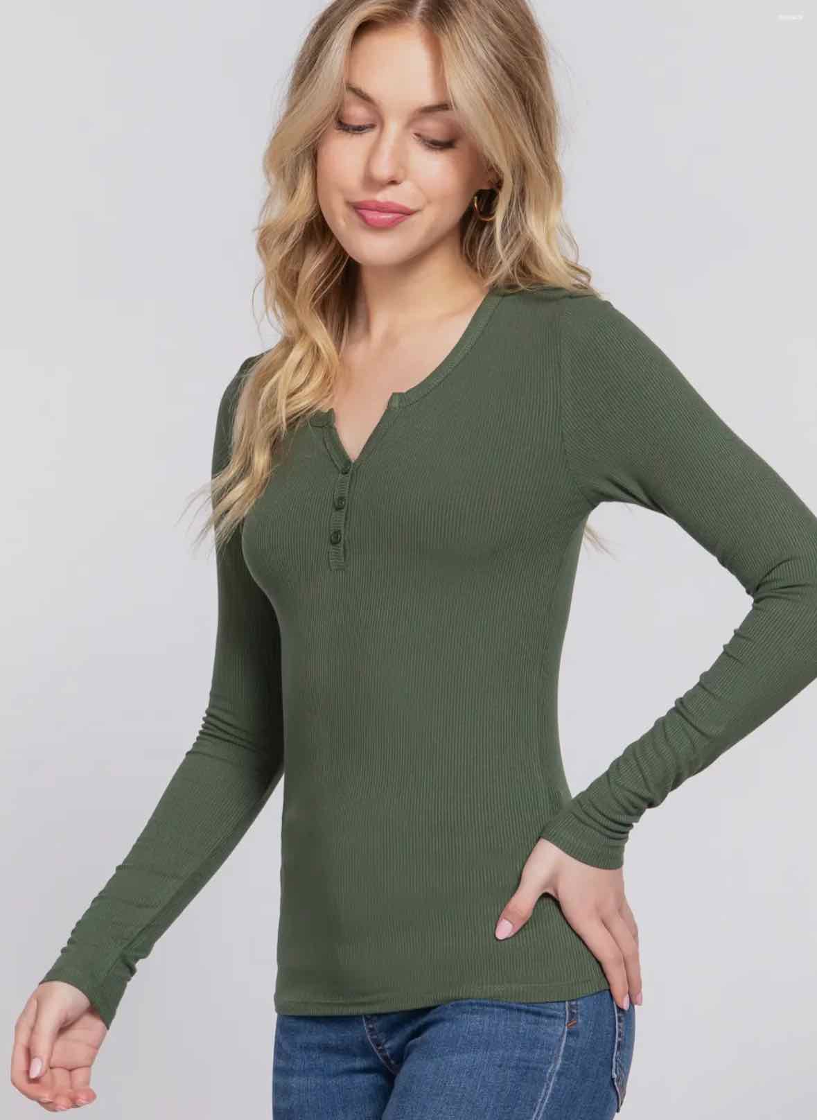 Olive 42pops Fitted Ribbed Long Sleeve Henley - OodlesCB