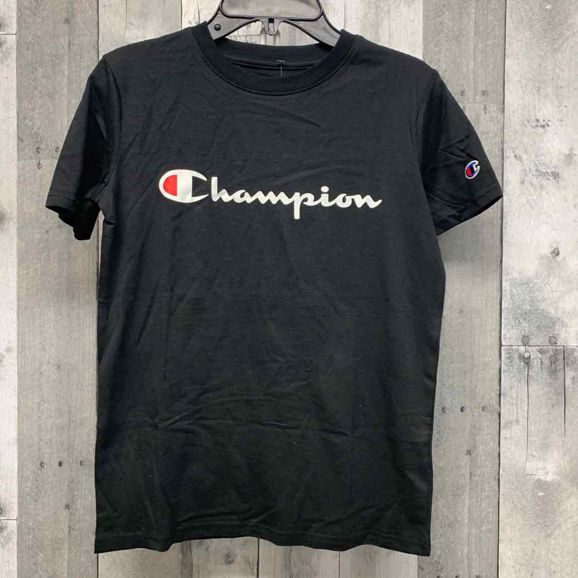 Size Medium Black Graphic Champion Short Sleeve Shirt - OodlesCB