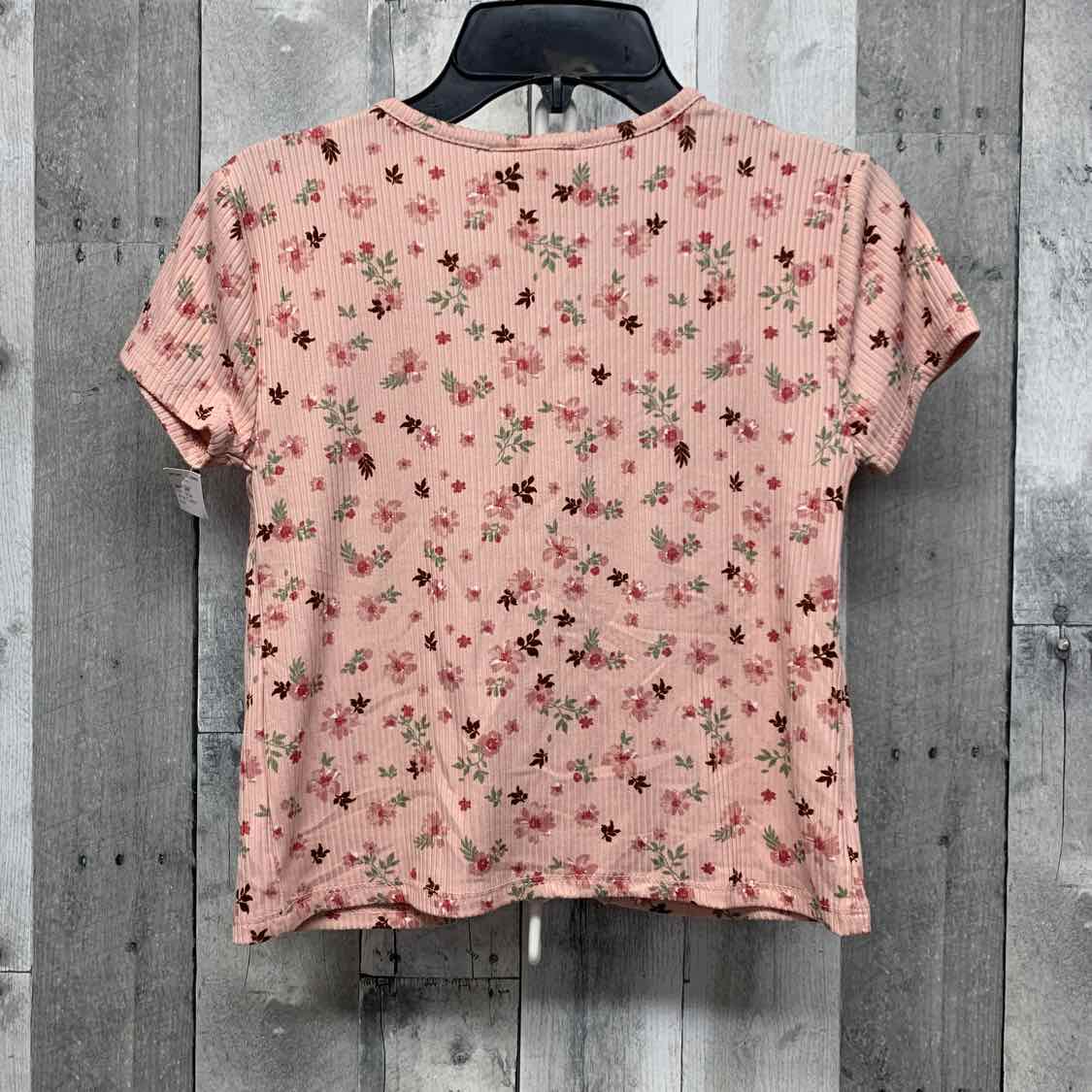 Size 14 Pink Floral Print Knit Works Short Sleeve Shirt - OodlesCB