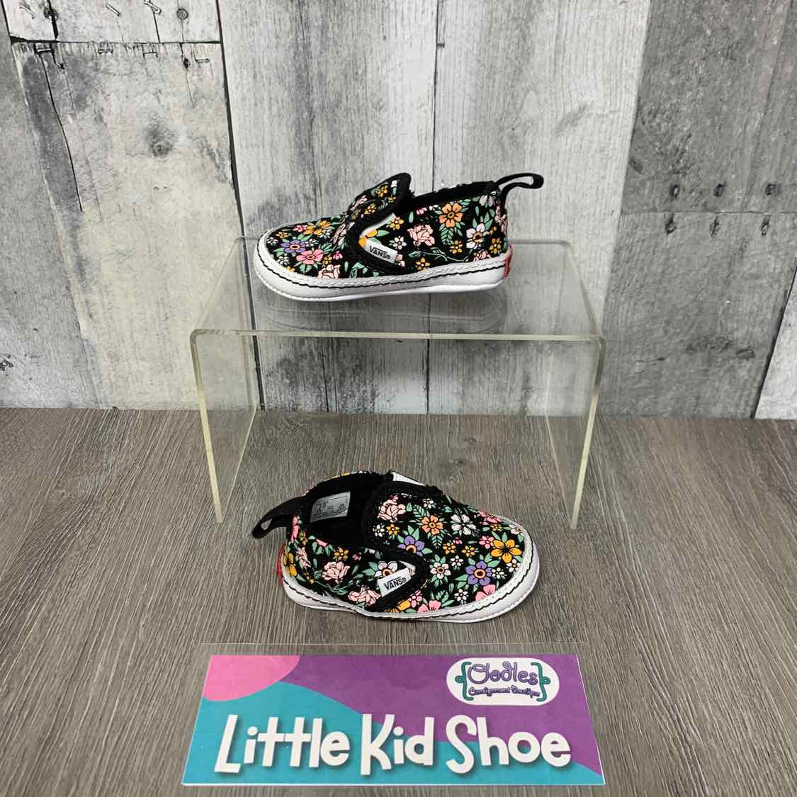 Size 3 Black Floral Print Vans Soft Sole Shoes