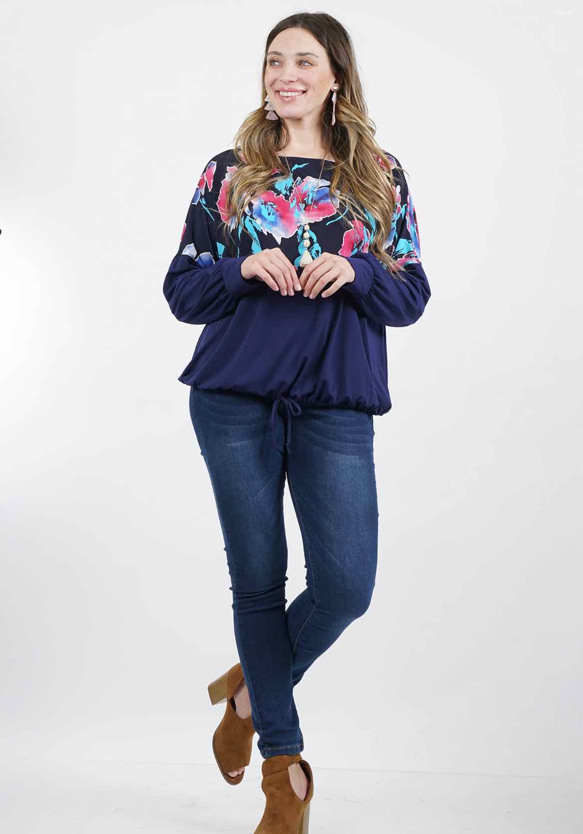 Plus Size Navy 42pops Print Long Sleeve Shirt - OodlesCB