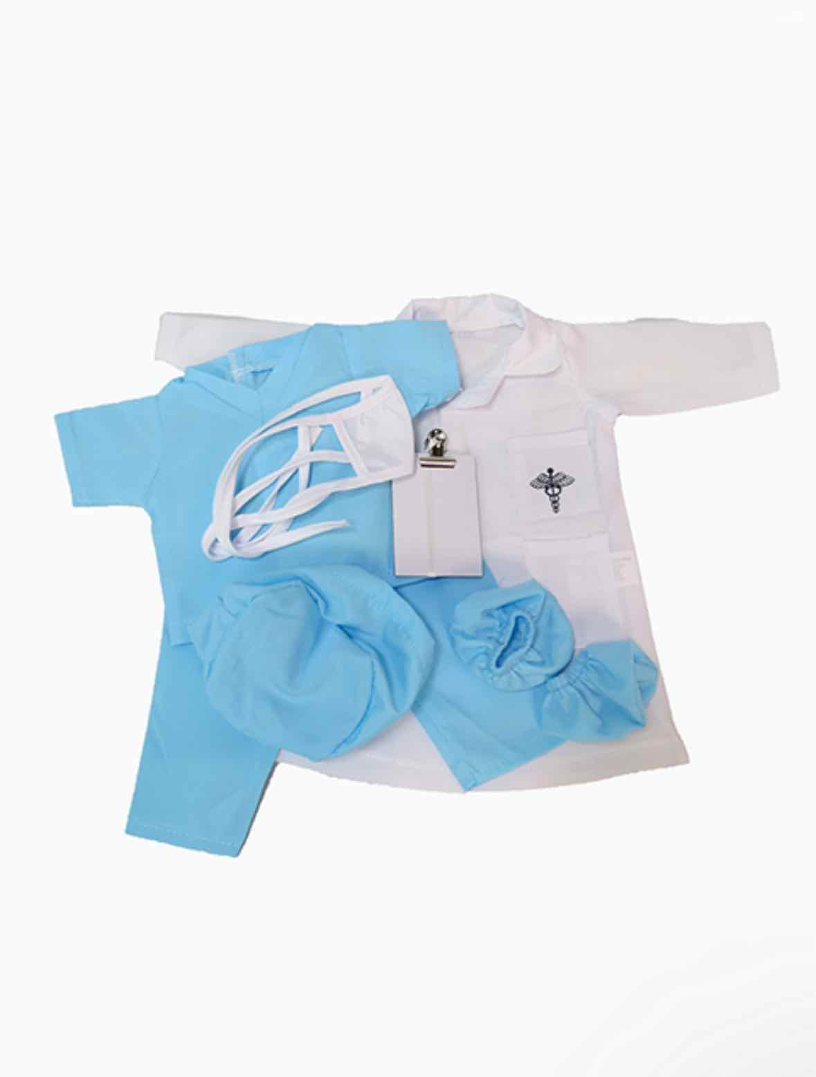 7pc 18" Doctor Scrubs Set Top/Pants/Booties/Cap/Mask/Coat/Clipboard - OodlesCB