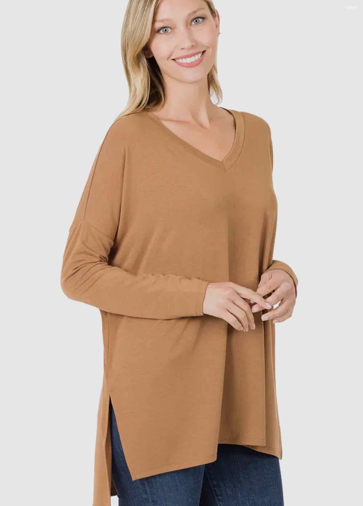 Brown 42pops V-Neck Hi-Low Side Slit Long Sleeve Top - OodlesCB