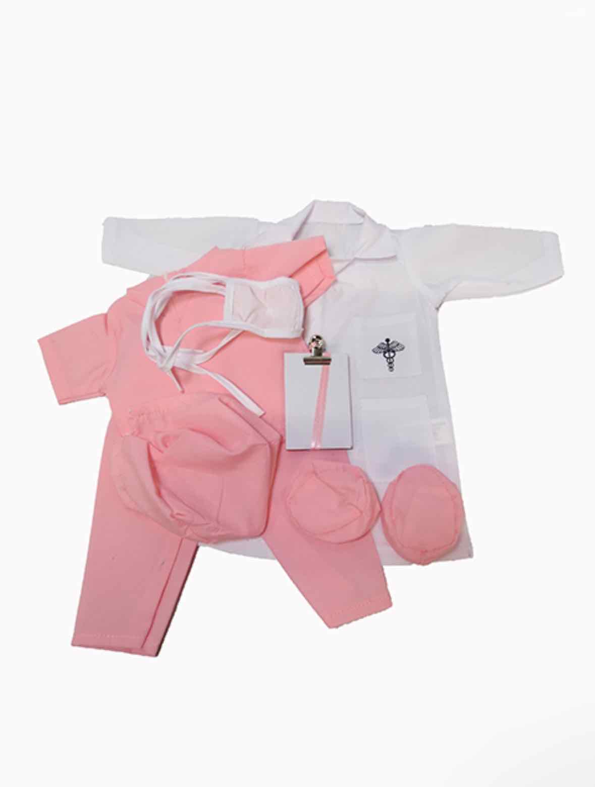 7pc 18" Doctor Scrubs Set Top/Pants/Booties/Cap/Mask/Coat/Clipboard - OodlesCB