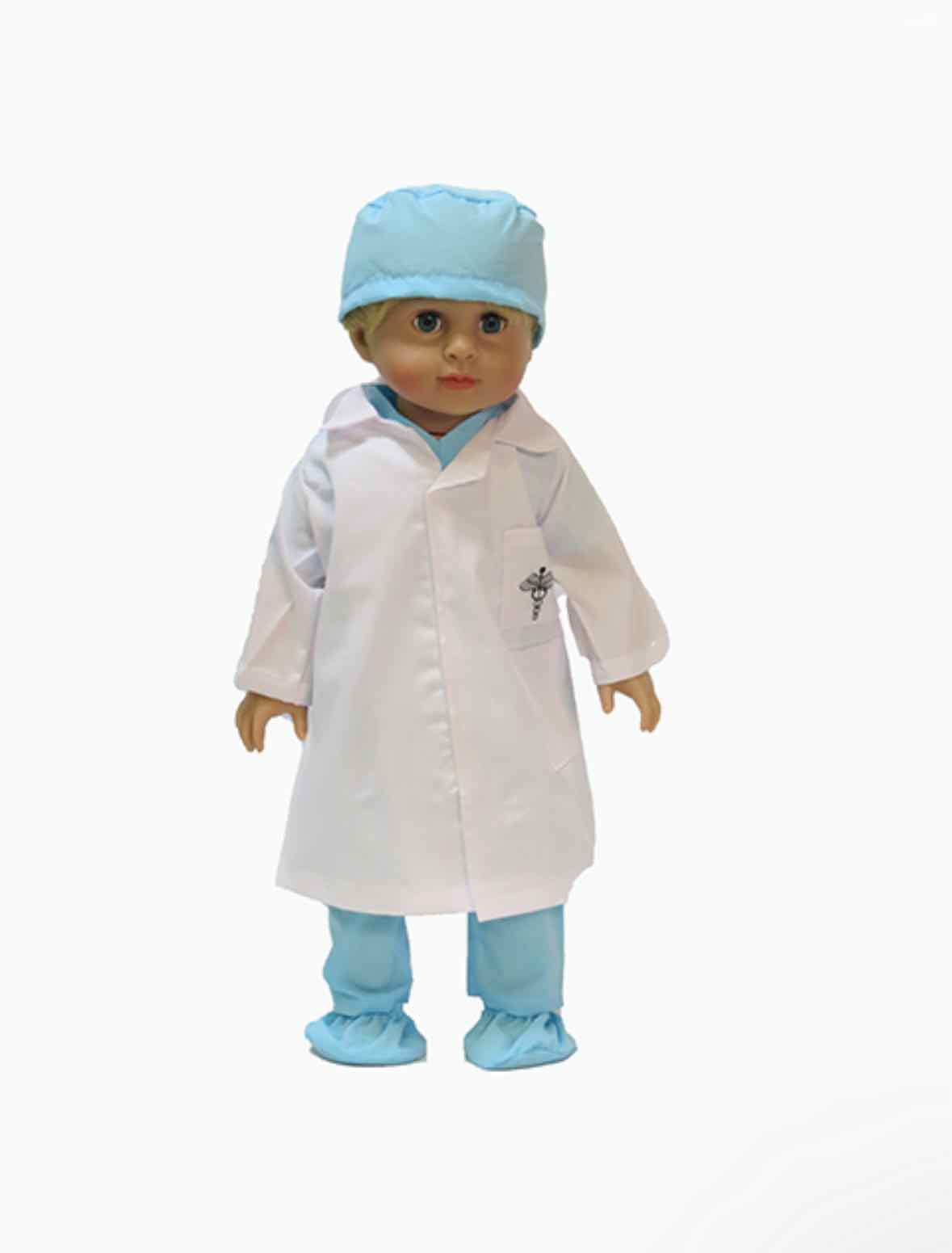 7pc 18" Doctor Scrubs Set Top/Pants/Booties/Cap/Mask/Coat/Clipboard - OodlesCB