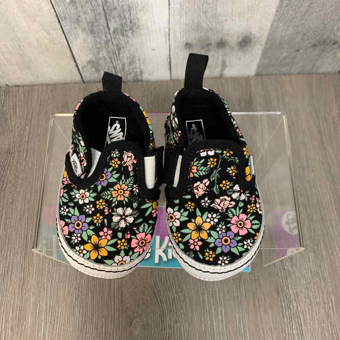 Size 3 Black Floral Print Vans Soft Sole Shoes