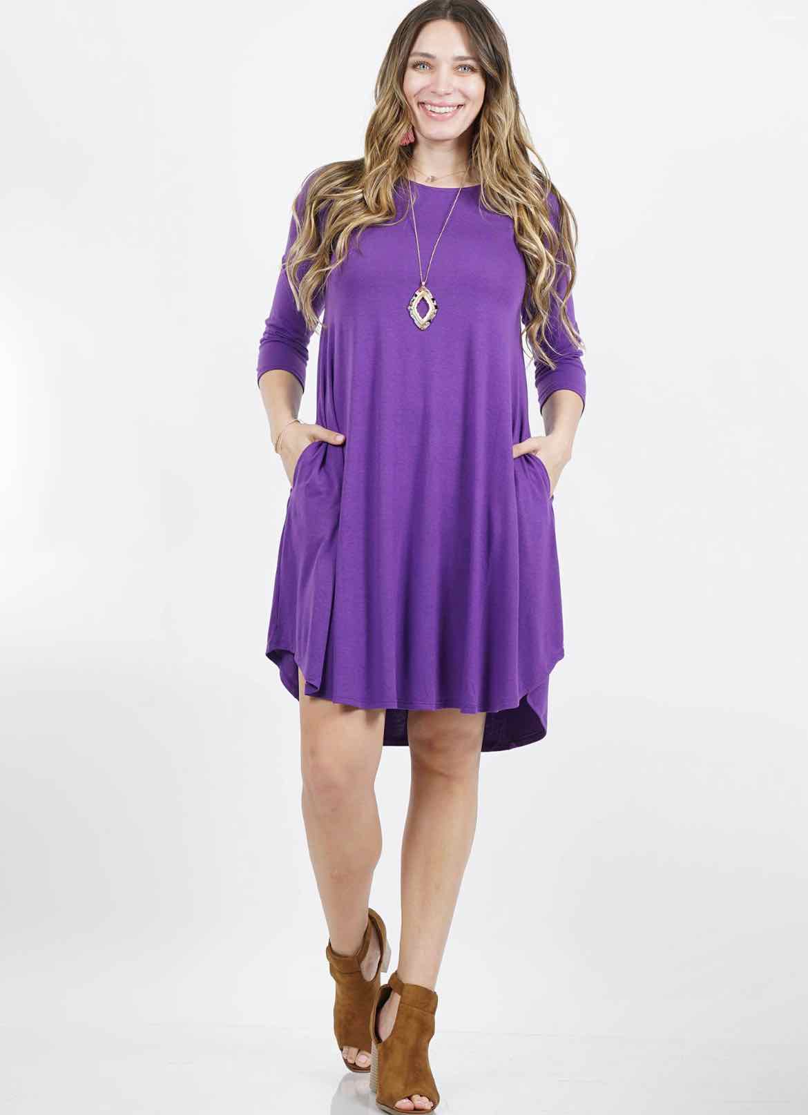 Plus Size Purple 42pops 3/4 Sleeve 2 Pocket Dress - OodlesCB